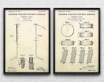 Hockey Stick & Puck Patent Art Prints, Vintage Blueprint Decor (Set of 2)