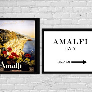 Arte murale della Costiera Amalfitana, poster di viaggio in Italia, cartello di chilometraggio, arredamento italiano, set di 2 stampe