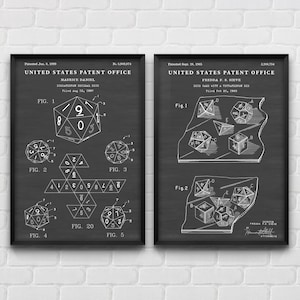 DnD Dice Dungeon Dragons Wall Art, Board Games RPG Die MTG Patent Poster, Geek Gift, Nerd Geek Decor, Set Of 2 Prints