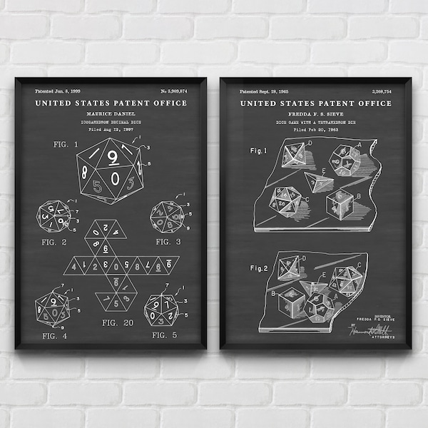 DnD Dice Dungeon Dragons Wall Art, Board Games RPG Die MTG Patent Poster, Geek Gift, Nerd Geek Decor, Set Of 2 Prints