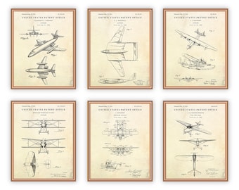 Vintage Airplane Patent Poster Prints, Aviation Decor Set