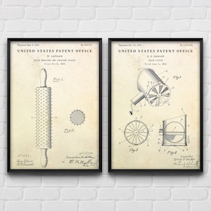 Bakery Wall Art: Dough Rolling Pin & Flour Sifter Patent Posters, Baking Inventions, Baker Gift, Kitchen Vintage Decor, Set Of 2 Prints