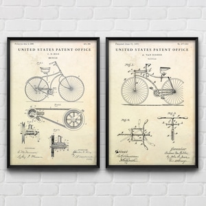 Bicycle 19th Century Wall Art, Bike Patent Print, Cycling Vintage Inventions Blueprint Poster, Cyclist Gift, Set Of 2 Prints