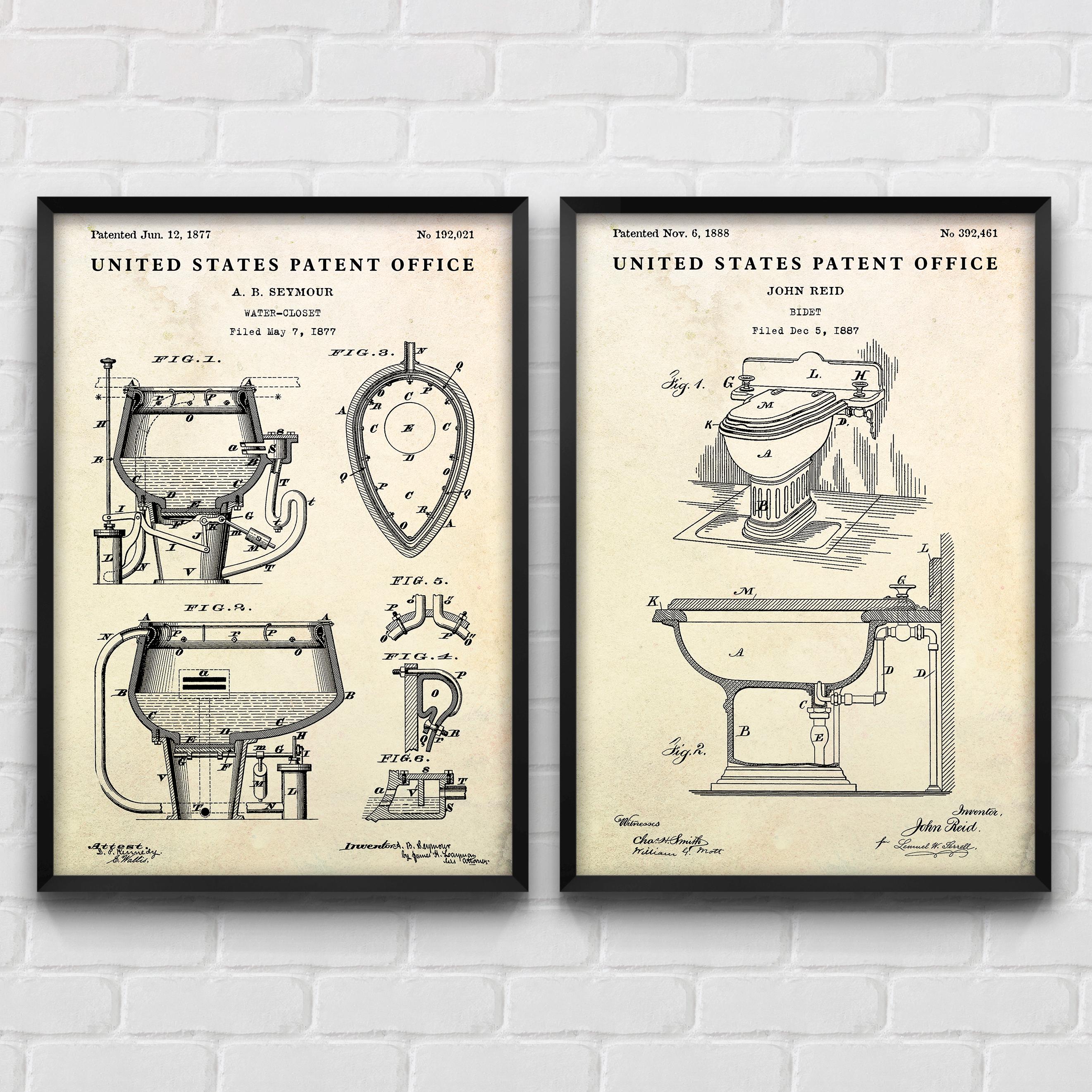 Toilet & Bidet Patent Posters, 19th Century Inventions, Funny Bathroom