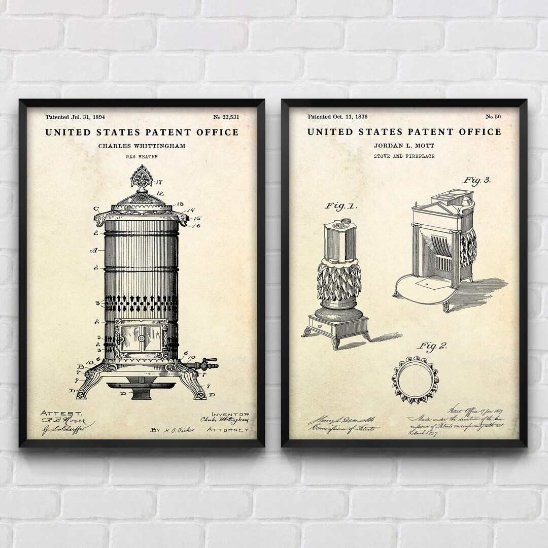 Gas Heater, Stove & Fireplace Historical Patent Poster, Antique Wall ...