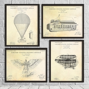 May include: Set of four vintage patent prints featuring drawings of early flying machines. The prints are in black and white and have a distressed, aged look. The text on the prints includes the patent number, date, and inventor's name.