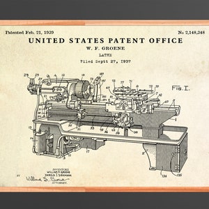 Lathe Patent Print 1939, Engineering Gift, Industrial Mechanical Wall Art, Antique Machine Tool Poster, Wrapped Canvas Ready to Hang