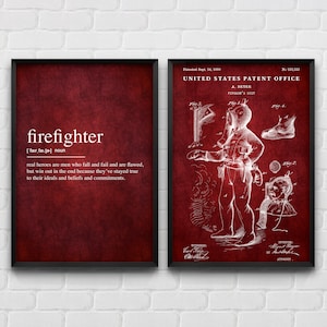 Firefighter Wall Art: Definition & Patent Posters, Fireman Gift, Fire Station Decor, Set Of 2 Prints