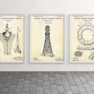 Nautical Wall Art: Lighthouse, Buoy & Lifebuoy Patent Poster, Marine Vintage Decor, Inventions Blueprint Seaside Wall Art, Set Of 3 Prints