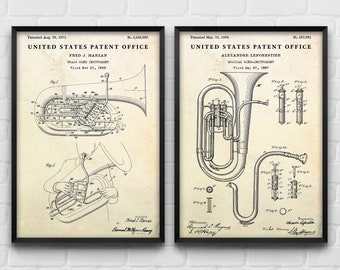 Brass Instrument Patent Wall Art: Vintage Tuba Blueprint Poster, Orchestra Marching Band Decor, Musician Gift, Set Of 2 Prints