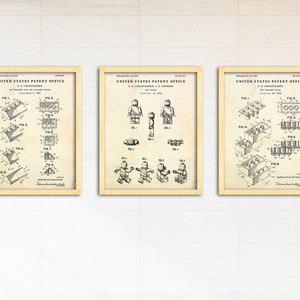 Juguetes de construcción, ladrillos, póster de patente de figura, arte de pared para habitación de niños, regalo para niños, decoración de sala de juegos, juego de 3 impresiones