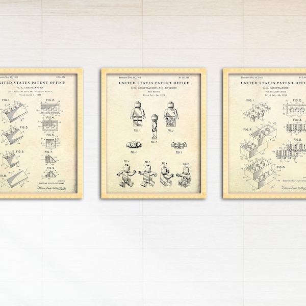 Building Toys, Bricks, Figure Patent Poster, Kids Room Wall Art, Childrens Gift, Game Room Decor, Set Of 3 Prints