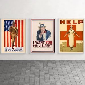 World War 1 Posters, Vintage Wandkunst, US Army Marine, Uncle Sam, Rotes Kreuz Retro Poster, Set von 3 Drucken