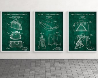 Handbag Patent Art Prints, Vintage Purse Blueprint Poster, Fashion Gift, Set Of 3