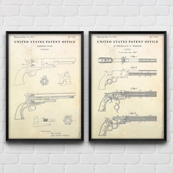 Revolver & Saloon Pistol Patent Wall Art, Gun Inventions, Firearm Blueprint Poster, Man Cave Decor, Set Of 2 Prints