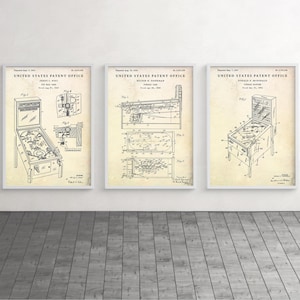 Flipper Patent Wandkunst, Arcade Spiele Erfindungen Blueprint Poster, Set mit 3 Drucken
