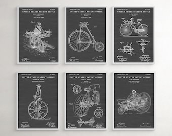 19th Century Bicycle Patent Prints, Evolution Inventions Blueprint Poster Set (6 Prints)