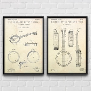 Banjo Patent Posters, Bluegrass & Country Music Wall Art, Wild West, Western Vintage Decor, Cowboy Gift, Set Of 2 Prints