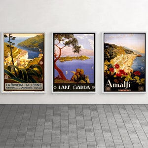 Riviera italiana en Portofino, costa de Amalfi, arte mural del lago de Garda, carteles de viajes antiguos, decoración retro de Italia, conjunto de 3 impresiones