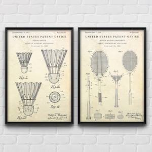 Arte de parede de badminton: impressões de arte patenteadas de peteca e raquete de badminton, jogos de gramado, decoração vintage esportiva, conjunto de 2 pôsteres