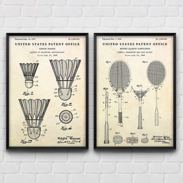 Badminton Wand Kunst: Federball & Badmintonschläger Patent Kunstdrucke, Rasenspiele, Sport Vintage Dekoration, 2er Set Poster