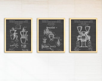 Coffee Grinder Espresso Machine Patent Prints, Blueprint Barista Vintage Decor (Set of 3)