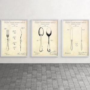 Fork, Spoon & Knife Patent Artwork, Kitchen, Dining Room Antique Wall Art, Cafe, Restaurant Vintage Decor, Blueprint Poster, Set Of 3 Prints