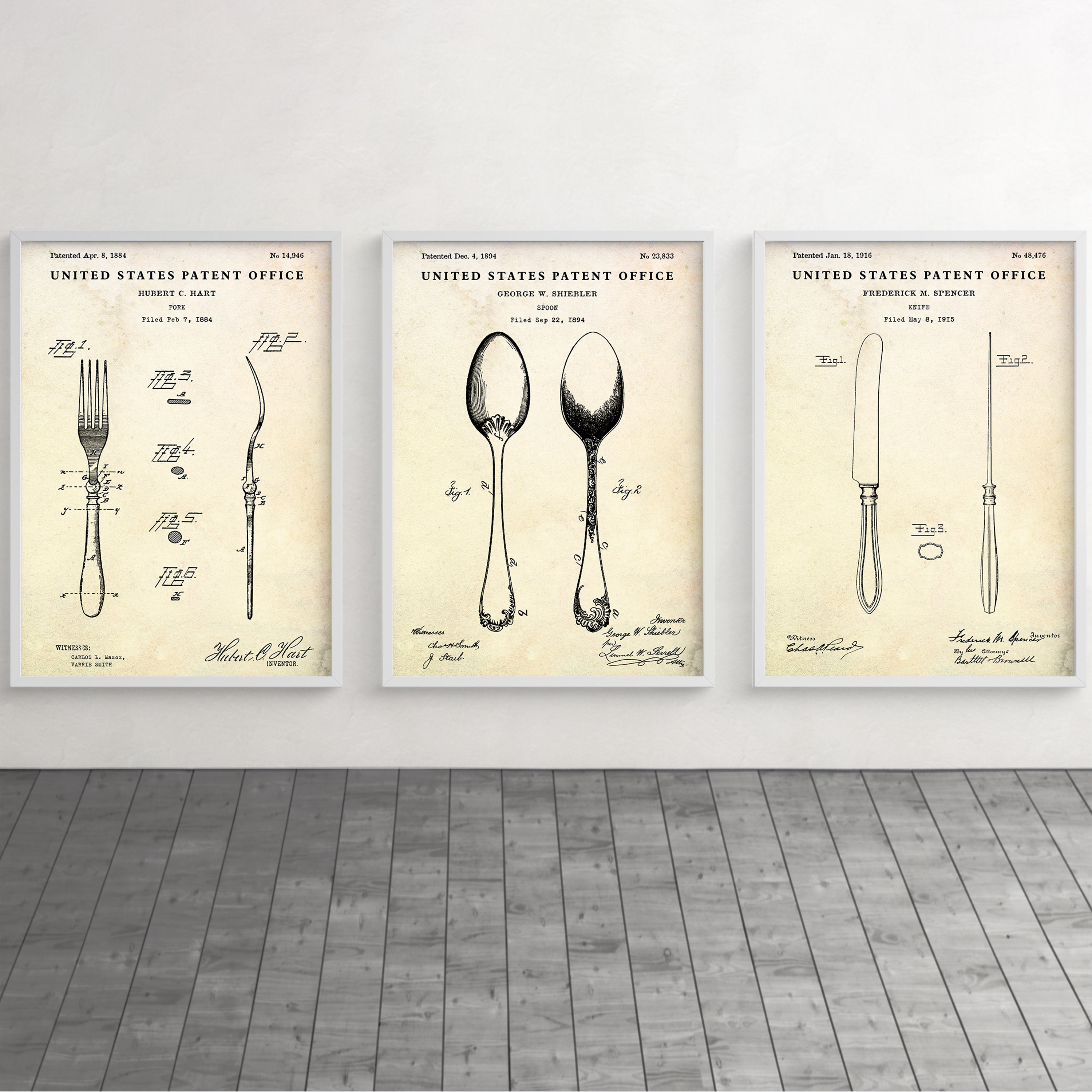 Fork, Spoon & Knife Patent Artwork, Kitchen, Dining Room Antique Wall Art, Cafe, Restaurant Vintage Decor, Blueprint Poster, Set Of 3 Prints