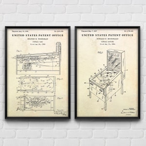Arte mural de pinball, impresiones de patentes de máquinas de pinball, planos de inventos, regalo para gamers, decoración de salas de juegos, juego de 2 pósteres vintage