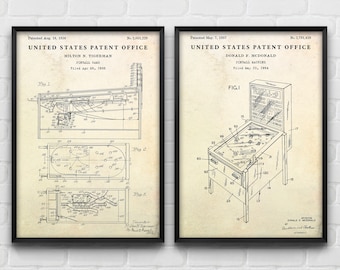Art mural flipper, impression d&#39;art brevet flipper, plan d&#39;invention, cadeau pour joueur, homme des cavernes, décoration de salle de jeux, lot de 2 affiches