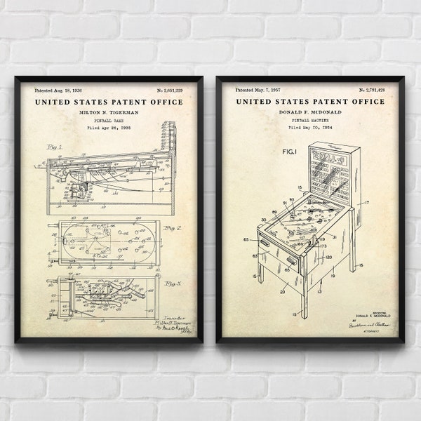 Pinball Wall Art, Pinball Machine Patent Art Prints, Invention Blueprint, Gamer Gift, Man Cave, Game Room Decor, Set Of 2 Vintage Posters