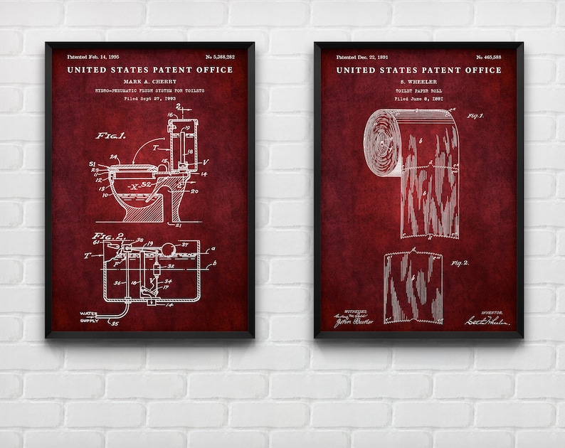 Toilet Flush & Paper Patent Poster, Bathroom Blueprint Wall Art ...