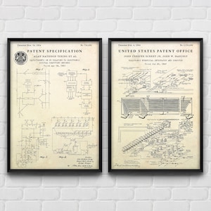 May include: Two black framed prints of historical patent documents. The left print is for a patent specification for a digital computing engine, filed in 1951. The right print is for a patent for an electronic numerical integrator and computer, filed in 1947.