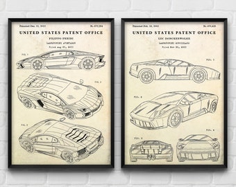 Concept Car Patent Art Prints, Supercar Blueprint, Automotive Garage Decor, Set of 2