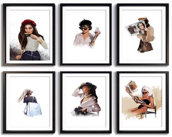 Set of 6 Fashion Illustration Prints, Women Portrait Wall Art, Modern Gift