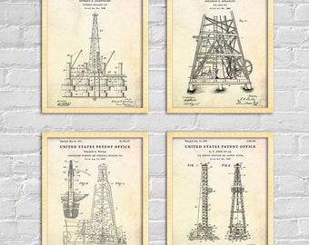 Oil Derrick Patent Art Prints: Vintage Blueprint Poster Set