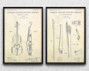 Arte mural de violín: Pósteres de patentes de violín y arco de violín, regalo para violinistas, inventos de instrumentos musicales