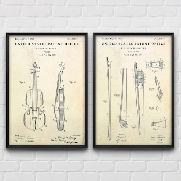 Décorations murales pour violon : affiches de brevet pour violon et archet, cadeau de violoniste, inventions d'instruments de musique, lot de 2 impressions