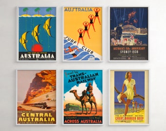 Australia Wall Art, Vintage Travel Poster, Set Of 6 Prints