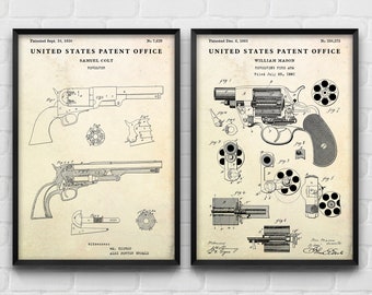 Revolver Evolution Patent Art Prints, Gun, Firearm Blueprint, Cowboy Gift Set Of 2