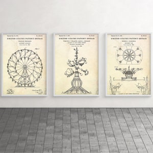 Vergnügungspark Fahrten Patent Wandkunst, Riesenrad Erfindung Karussell Blueprint Poster, Jahrmarkt Fahrten Vintage Dekor, 3er Set Drucke