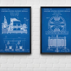May include: Two blue patent prints with black frames. The left print is for Thomas A. Edison's Electrical Generator, patented July 17, 1883. The right print is for Nikola Tesla's Electro Magnetic Motor, patented May 1, 1888.