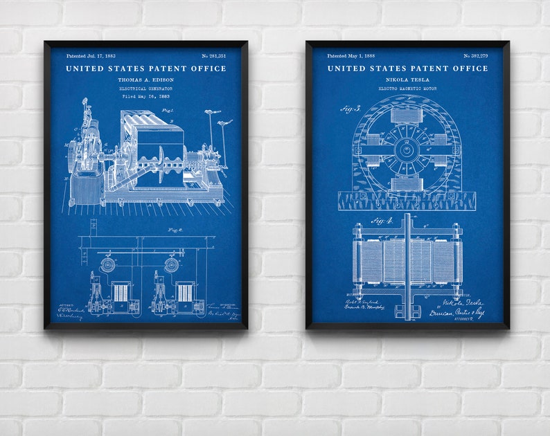 May include: Two blue patent prints with black frames. The left print is for Thomas A. Edison's Electrical Generator, patented July 17, 1883. The right print is for Nikola Tesla's Electro Magnetic Motor, patented May 1, 1888.