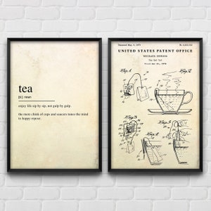 Póster de patente de definición de té y bolsita de té, regalo para amantes del té, decoración de arte de pared vintage de cocina, juego de 2 impresiones