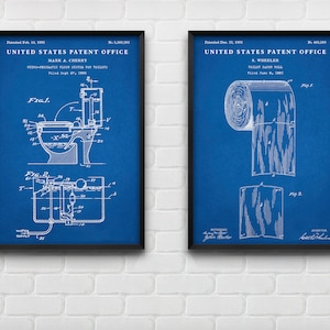Toilet Flush & Paper Patent Poster, Bathroom Blueprint Wall Art ...