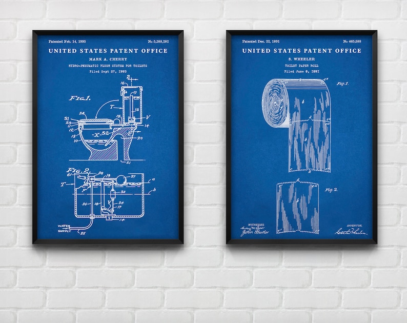 Toilet Flush & Paper Patent Poster, Bathroom Blueprint Wall Art ...