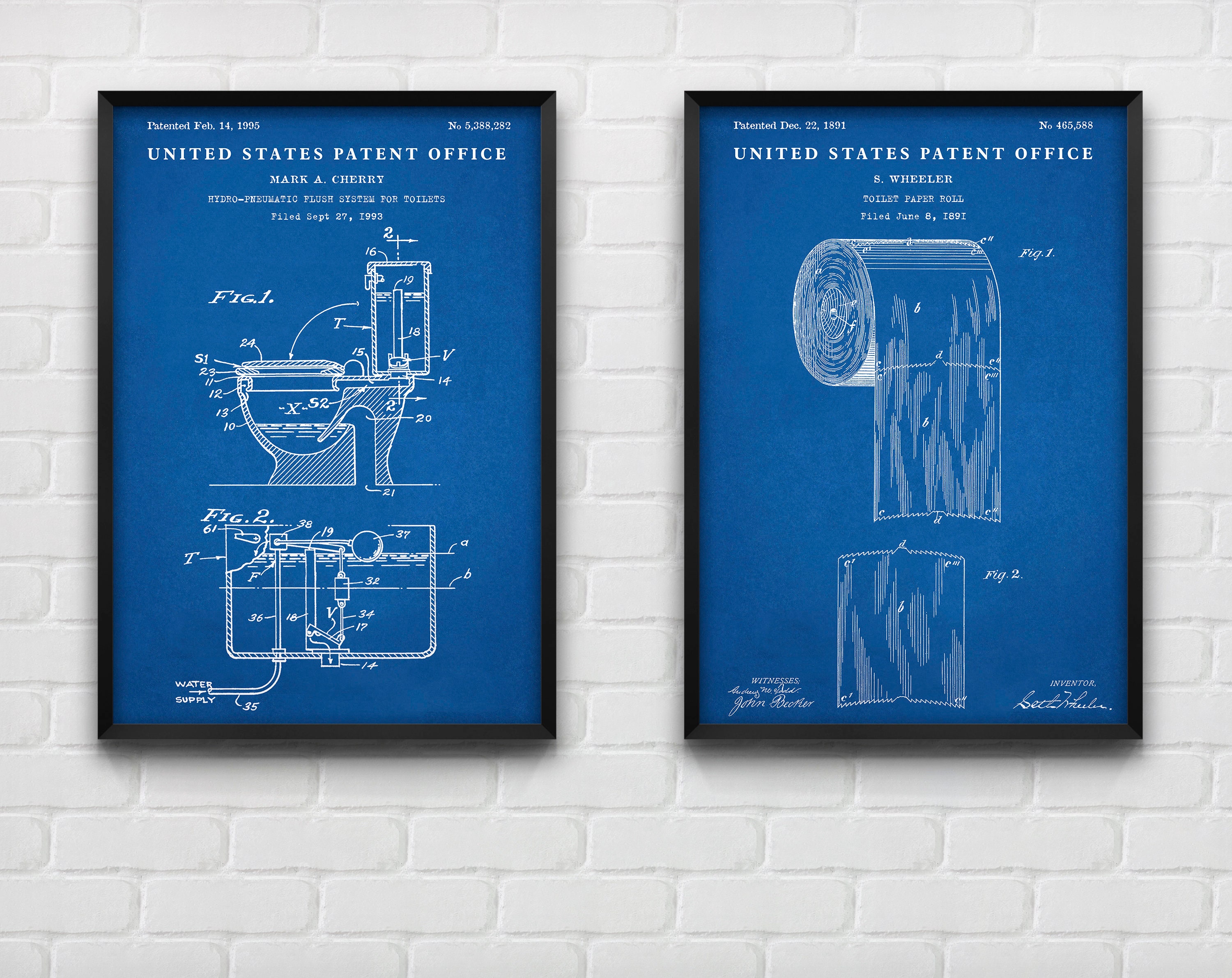 Toilet Flush & Paper Patent Poster, Bathroom Blueprint Wall Art ...