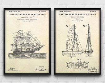 Sailboat Patent Wall Art, Sailing Ship Inventions, Blueprint Poster, Boating Gift, Nautical Vintage Decor, Sailor Gift, Set Of 2 Prints