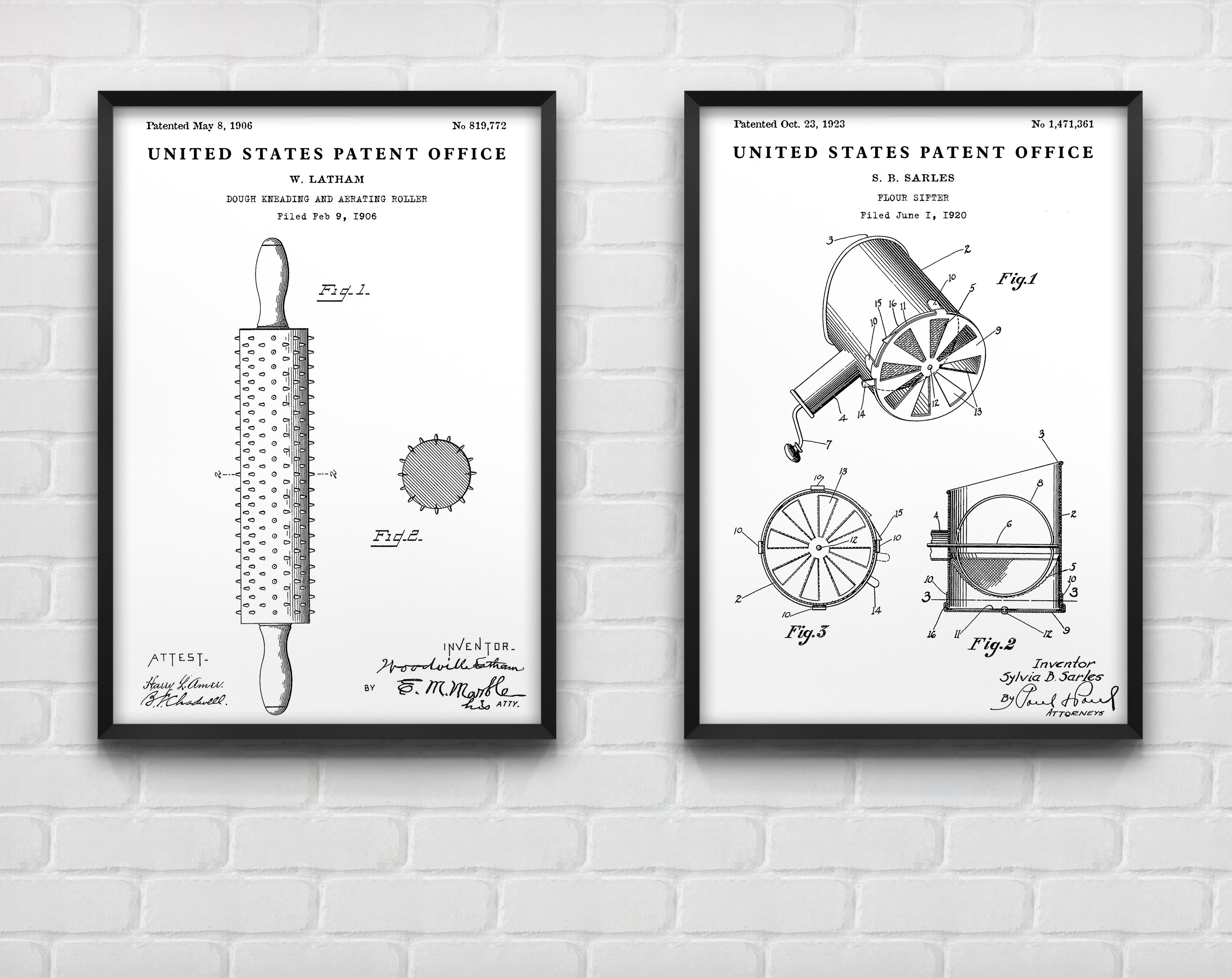 Bakery Wall Art: Dough Rolling Pin & Flour Sifter Patent Posters ...