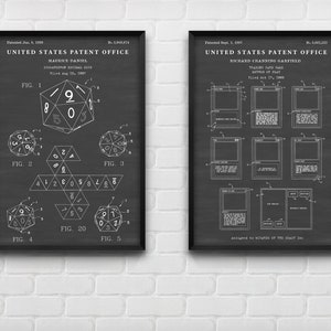 MTG Patent Art Prints: D20 Dice & Trading Card Game, Set of 2 Chalkboard